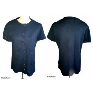 VINTAGE - 1960'S Dark Blue Short Sleeve Hand Crafted Blouse Size Medium / Large